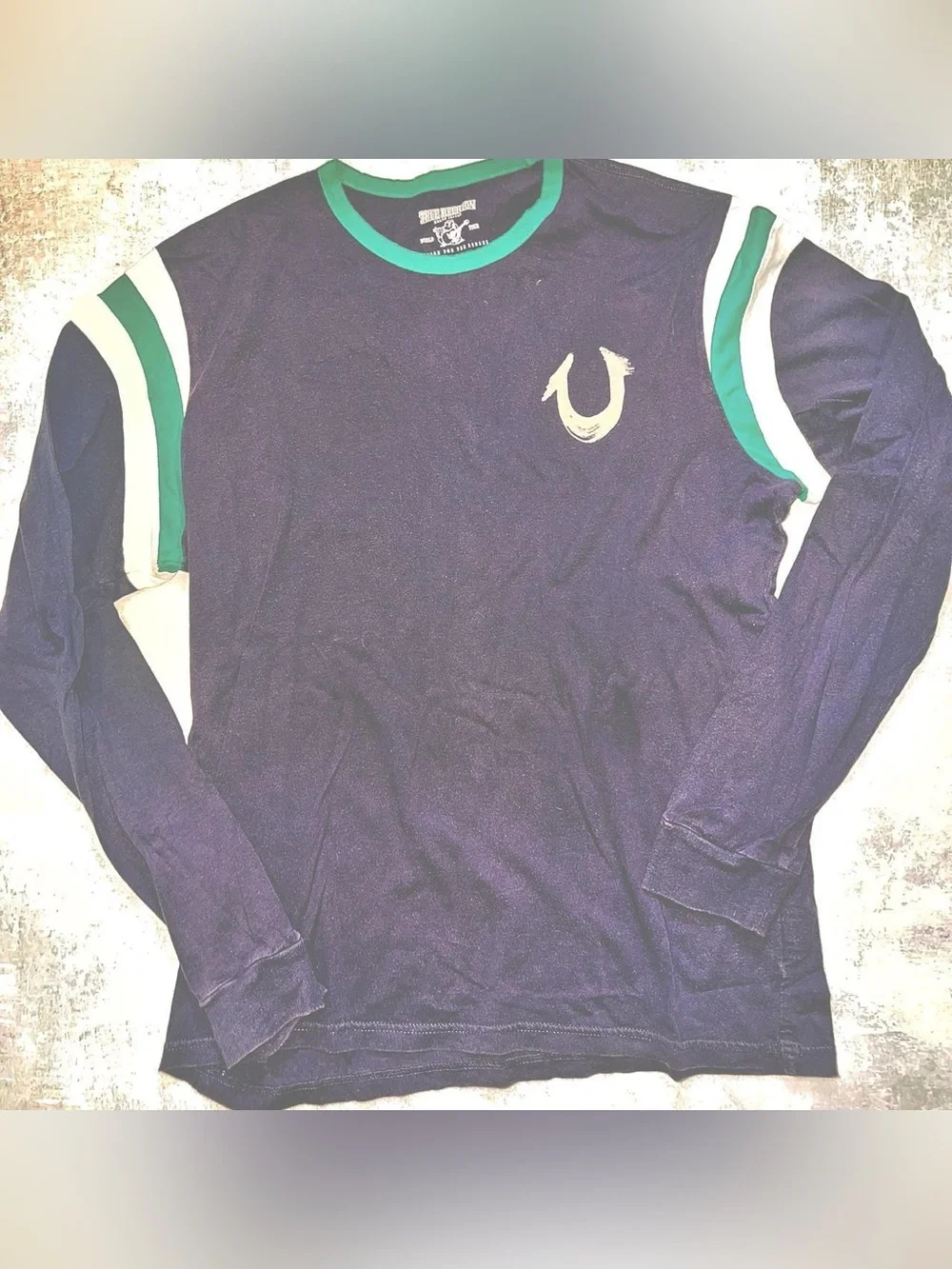 True Religion Navy Long Sleeve Tee with Green and White Accents